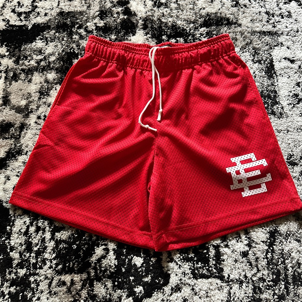 Eric Emanuel Red Athletic Mesh Shorts with White Drawstring